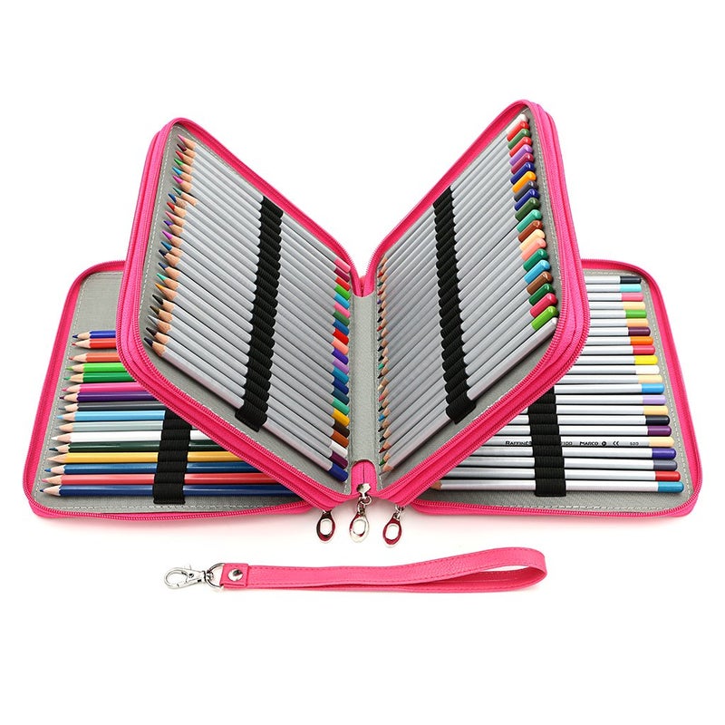 BTSKY Deluxe PU Leather Pencil Case For Colored Pencils - 120 Slot Pencil Holder with Handle Strap Handy Colored Pencil Box Large (Rose Red) - Image 5
